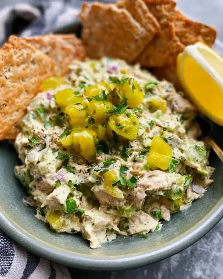 Pepperoncini Tuna Salad served in a bowl with fresh ingredients