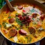 Creamy potato soup in a bowl garnished with herbs and vegetables.