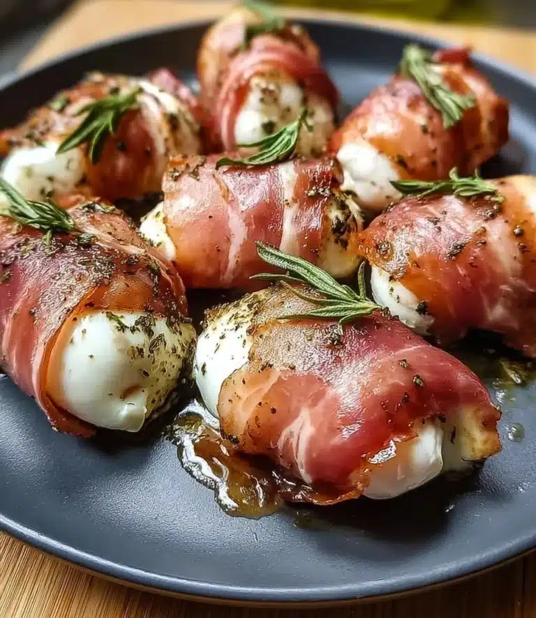 Prosciutto wrapped mozzarella bites on a platter
