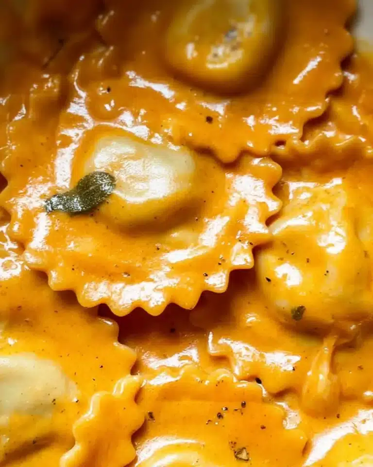 Delicious homemade pumpkin ravioli served with sage butter sauce