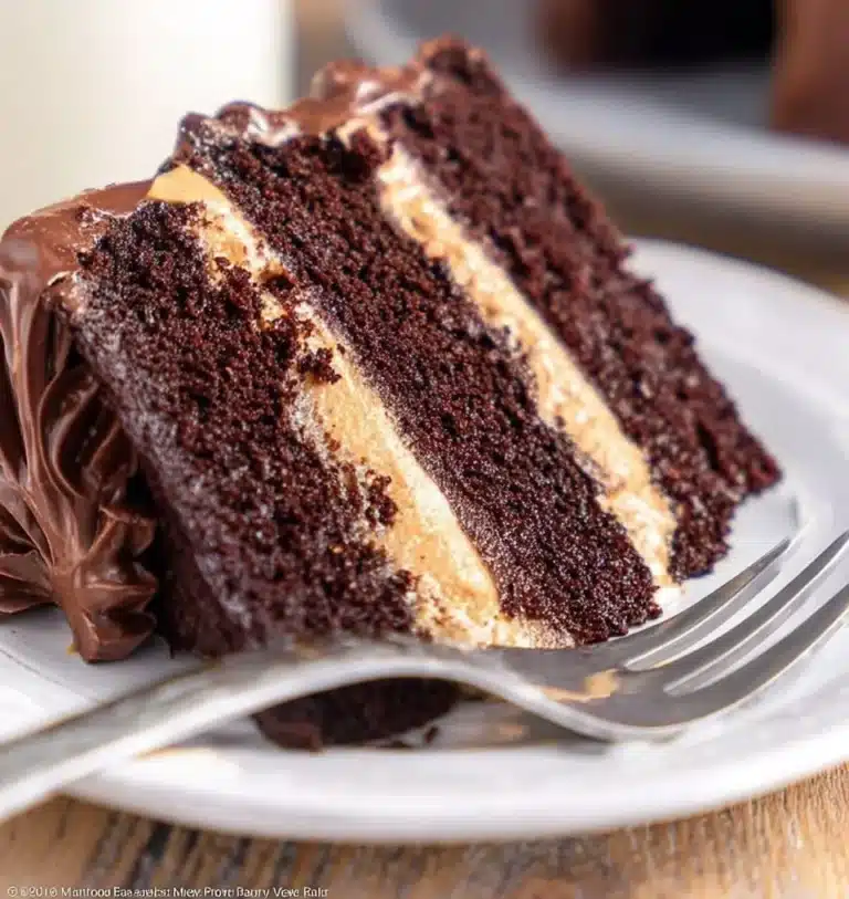 Slice of homemade Reese's Chocolate Cake topped with creamy peanut butter frosting