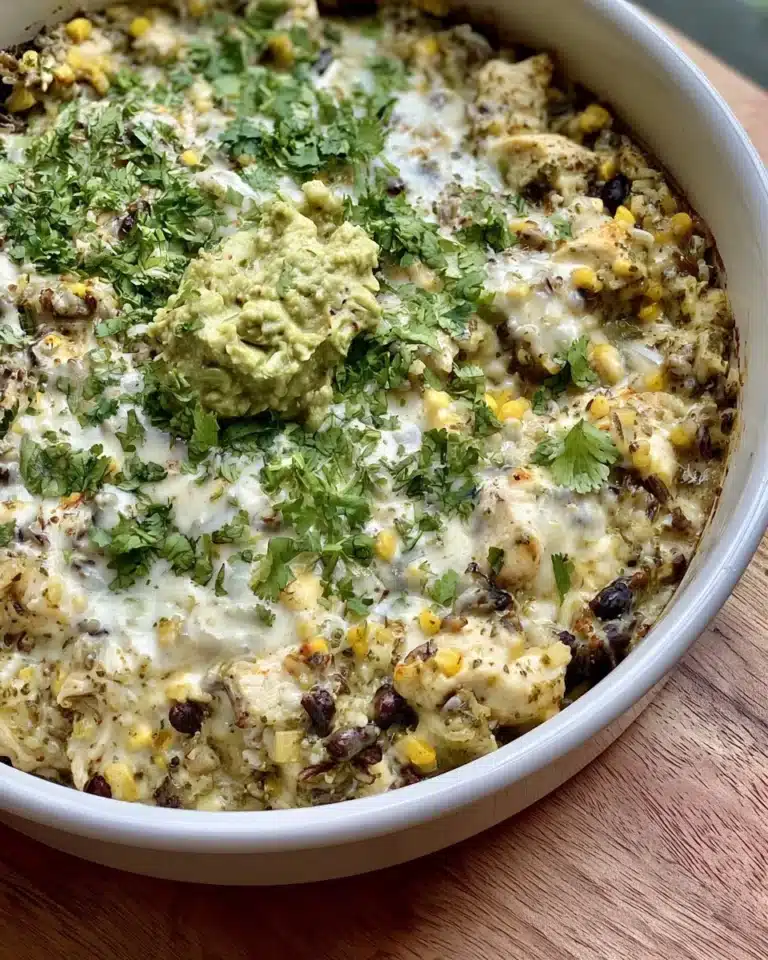 Delicious plate of Salsa Verde Chicken and Rice garnished with fresh herbs