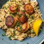 Plate of Scallops Risotto garnished with herbs and fresh scallops