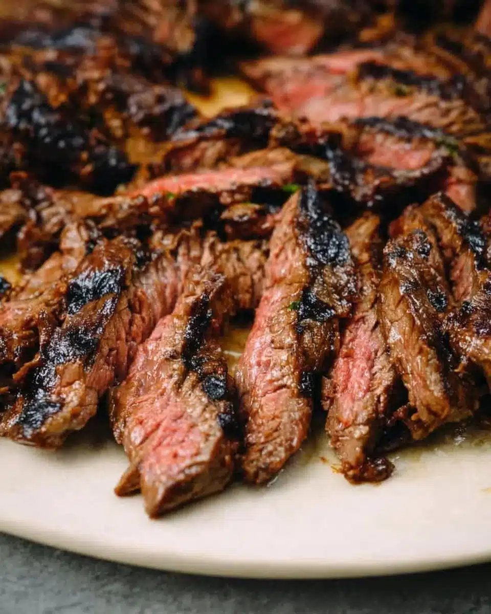 Perfectly grilled skirt steak served with vegetables and herbs