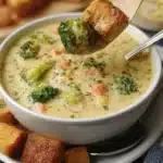 A warm bowl of Smoked Gouda Broccoli Soup garnished with fresh herbs