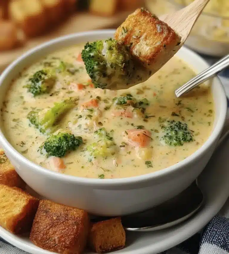 A warm bowl of Smoked Gouda Broccoli Soup garnished with fresh herbs