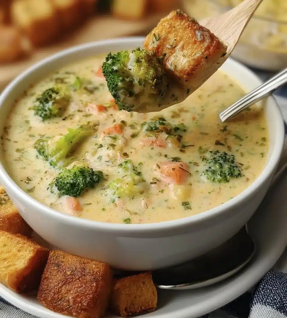 A warm bowl of Smoked Gouda Broccoli Soup garnished with fresh herbs