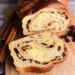 Freshly baked sourdough cinnamon raisin bread with swirls and raisins