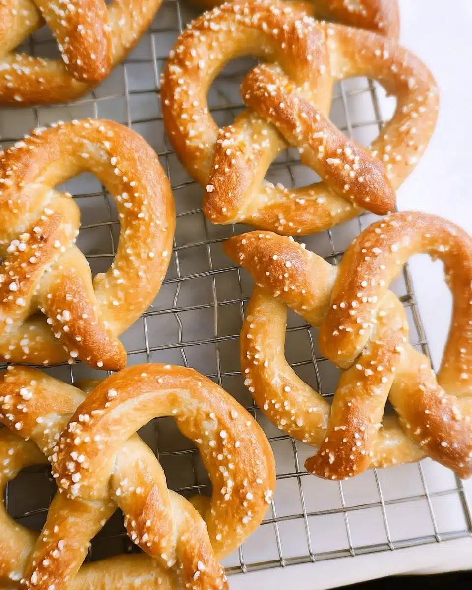 Freshly baked sourdough pretzels on a wooden board
