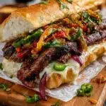 Delicious steak sandwich with fresh ingredients and savory flavors.