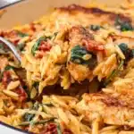 Sun dried tomato chicken orzo served with fresh herbs and vegetables