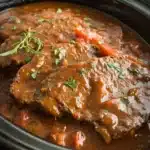 Delicious Swiss Steak served with vegetables and gravy in a rustic setting.