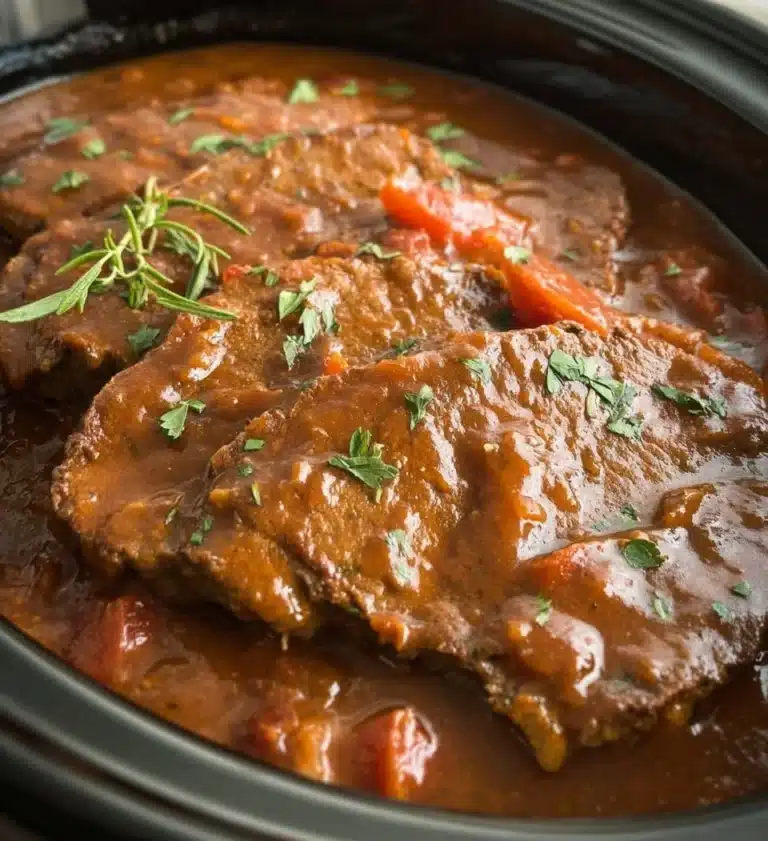 Delicious Swiss Steak served with vegetables and gravy in a rustic setting.