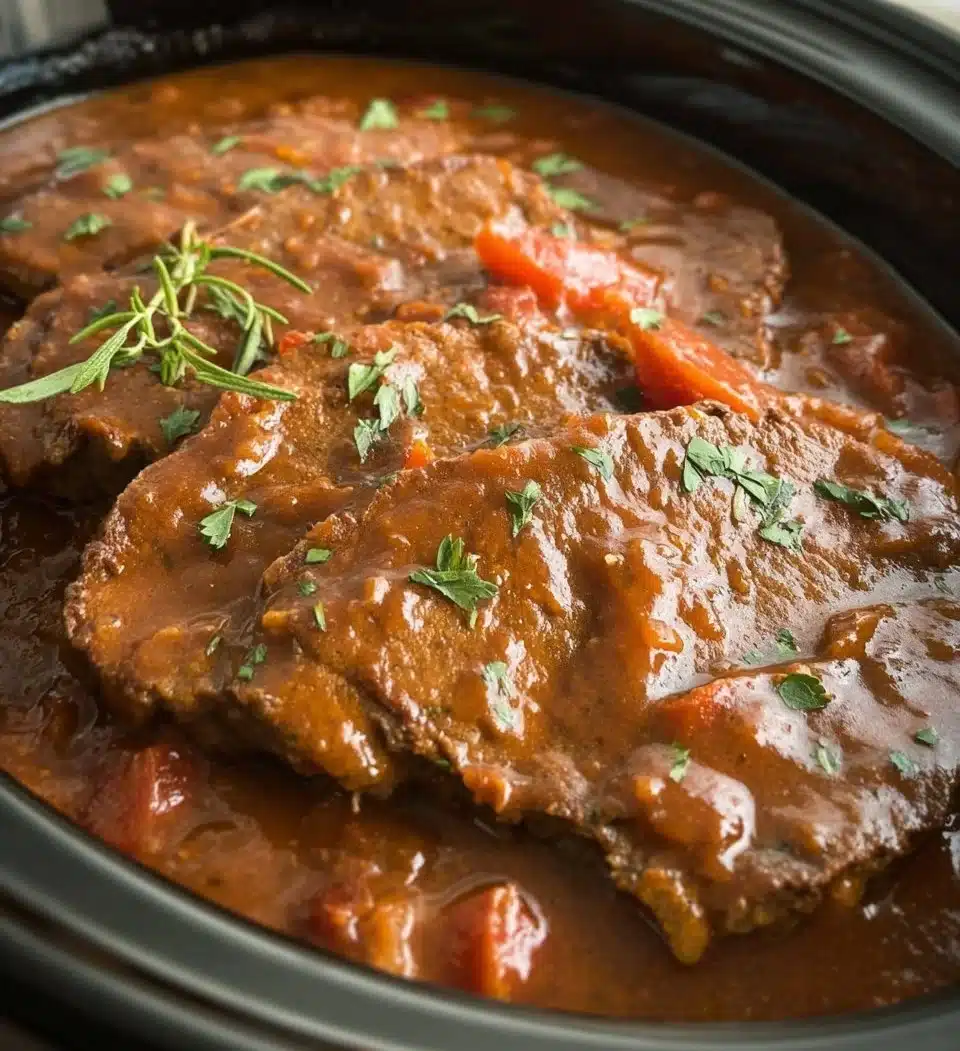 Delicious Swiss Steak served with vegetables and gravy in a rustic setting.