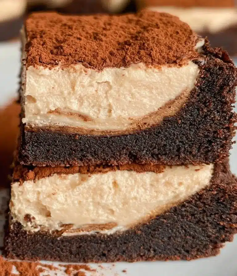 Decadent tiramisu brownies topped with cocoa powder and espresso glaze.