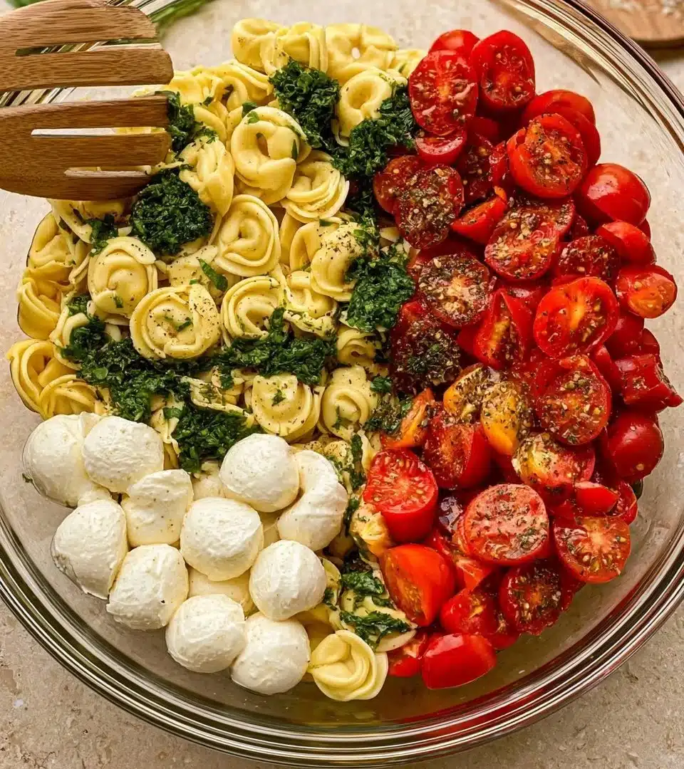 Delicious Tortellini Caprese Salad with fresh mozzarella, tomatoes, and basil