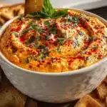 White bean and roasted red pepper dip served in a bowl with fresh veggies