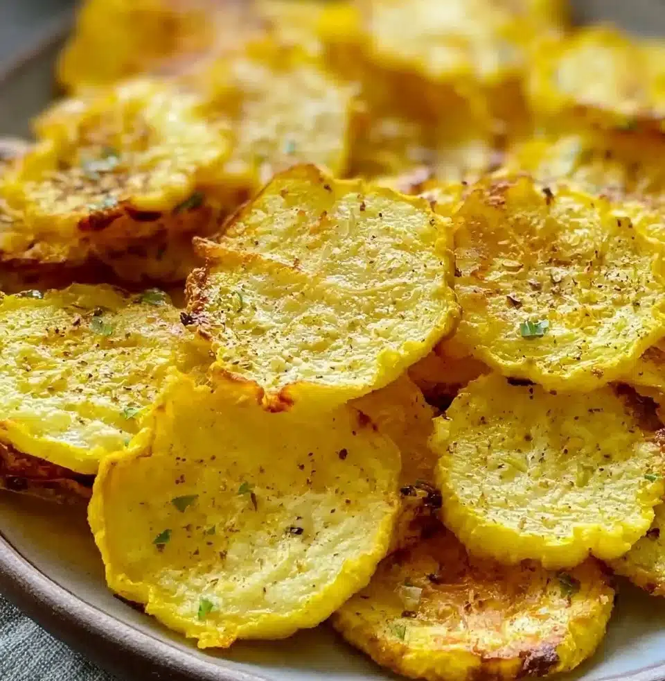 Homemade yellow squash chips served in a bowl, a healthy snack alternative.
