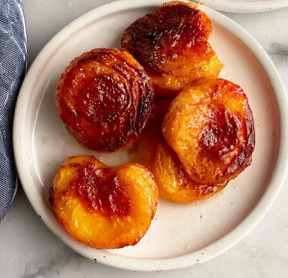 Delicious air fryer peaches served in a bowl with drizzled sauce
