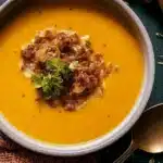 A warm bowl of apple cheddar sweet potato soup garnished with fresh herbs.