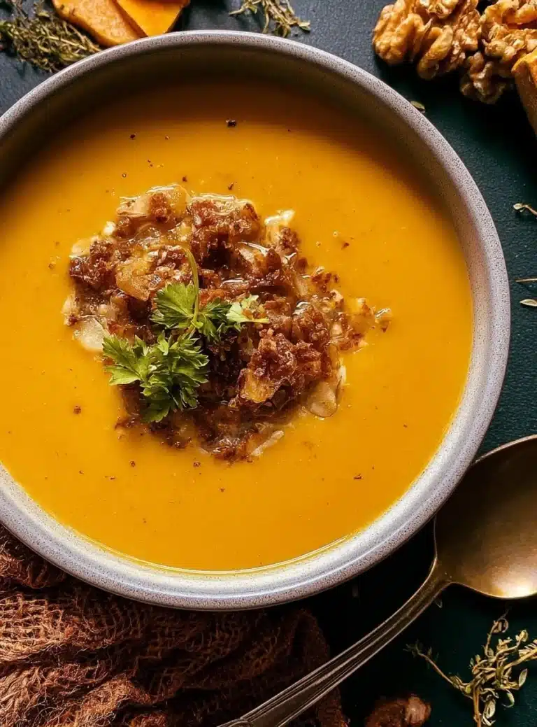 A warm bowl of apple cheddar sweet potato soup garnished with fresh herbs.