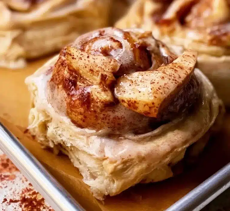 Homemade apple pie cinnamon rolls topped with icing and cinnamon