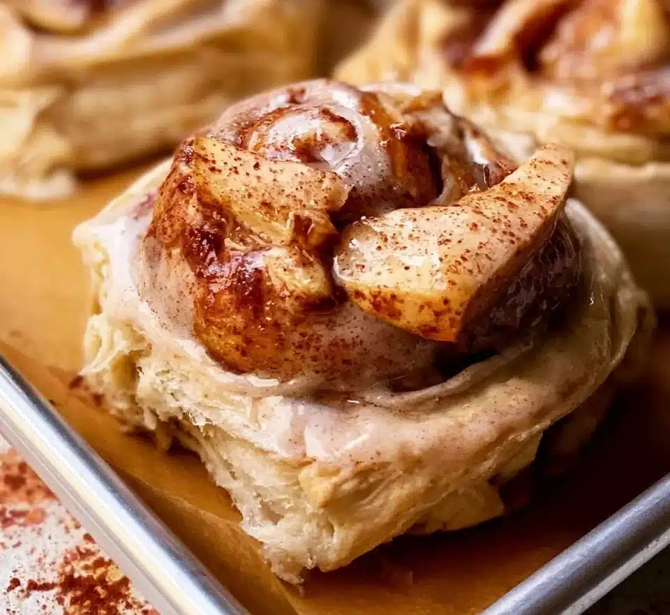Homemade apple pie cinnamon rolls topped with icing and cinnamon