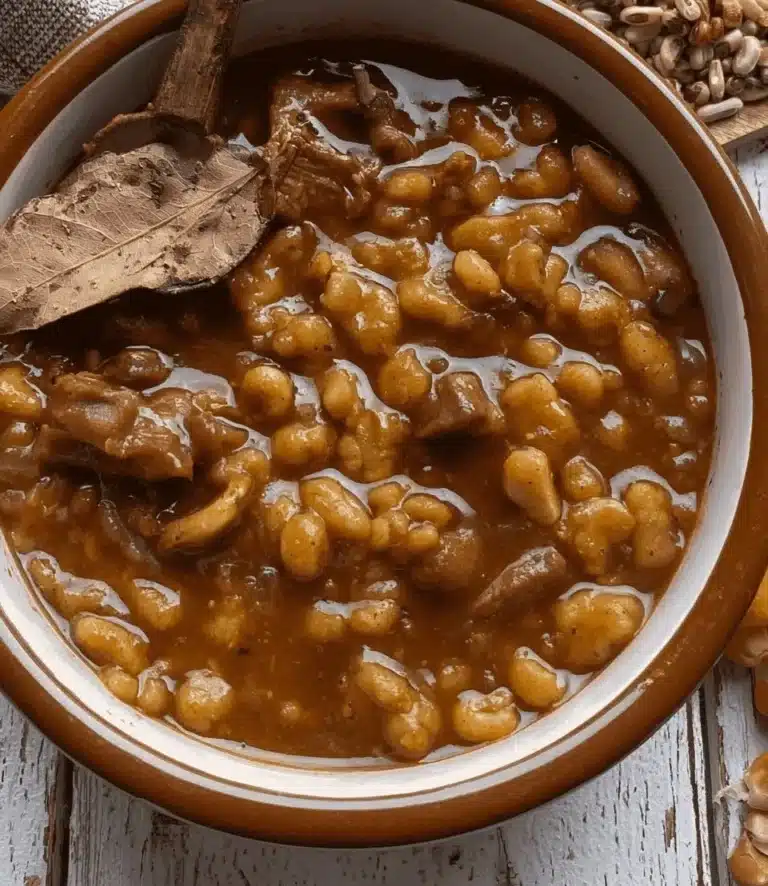 A delicious bowl of Argentine Locro, a traditional stew with meat and vegetables.
