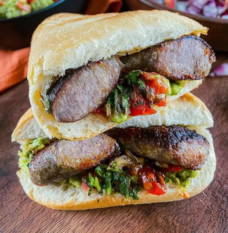 Delicious Argentinian Choripán sandwich served on a rustic wooden table.