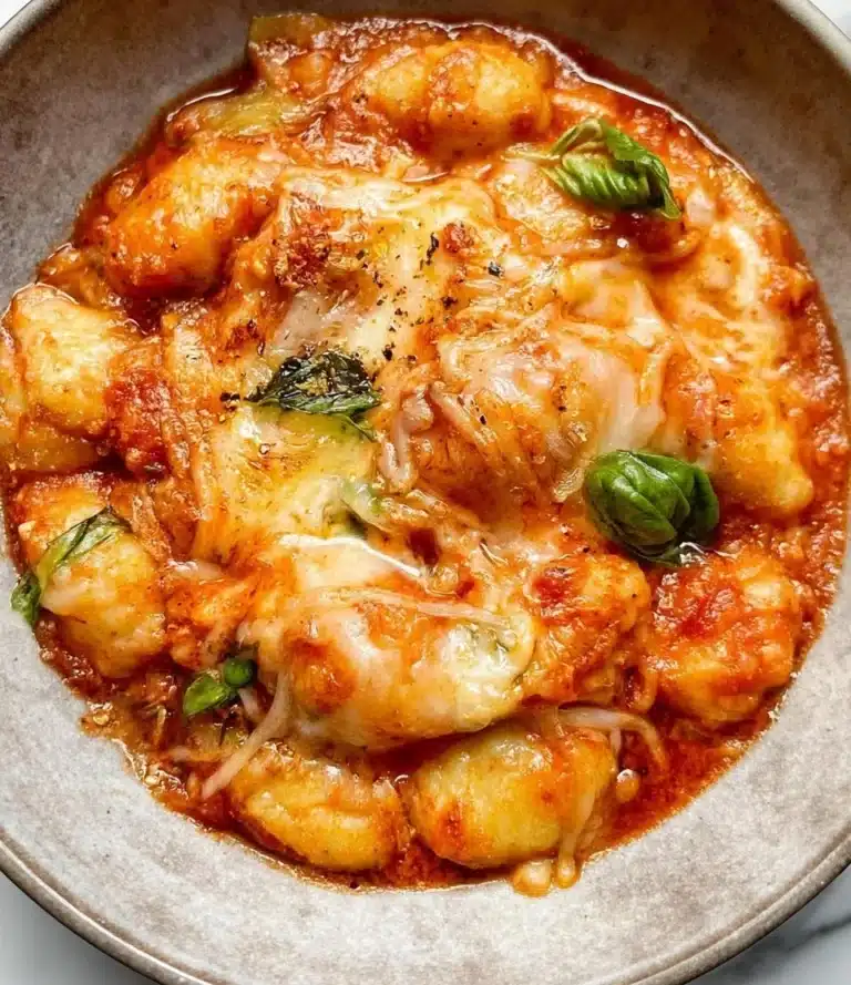 Deliciously baked gnocchi served with cheese and marinara sauce