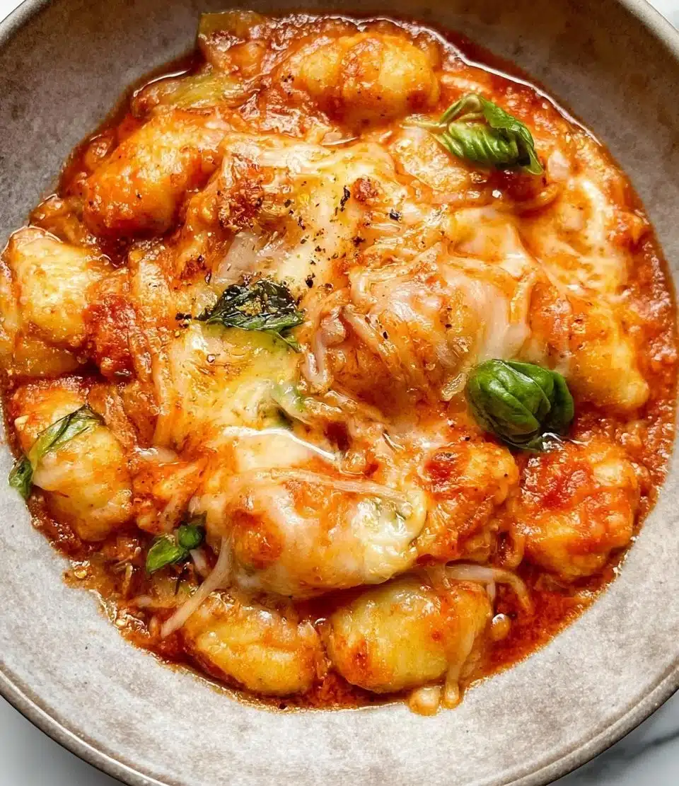 Deliciously baked gnocchi served with cheese and marinara sauce