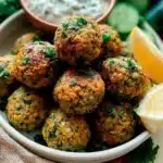 Baked Greek lentil meatballs served with refreshing tzatziki sauce