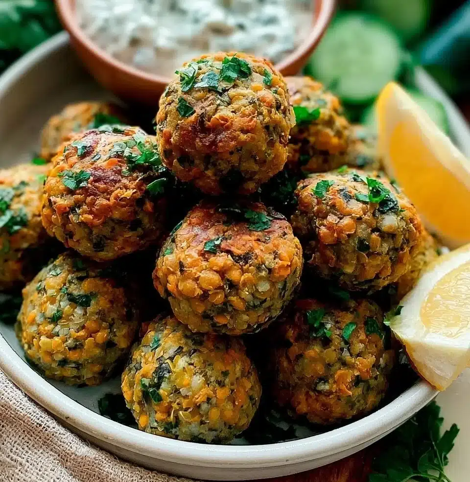 Baked Greek lentil meatballs served with refreshing tzatziki sauce