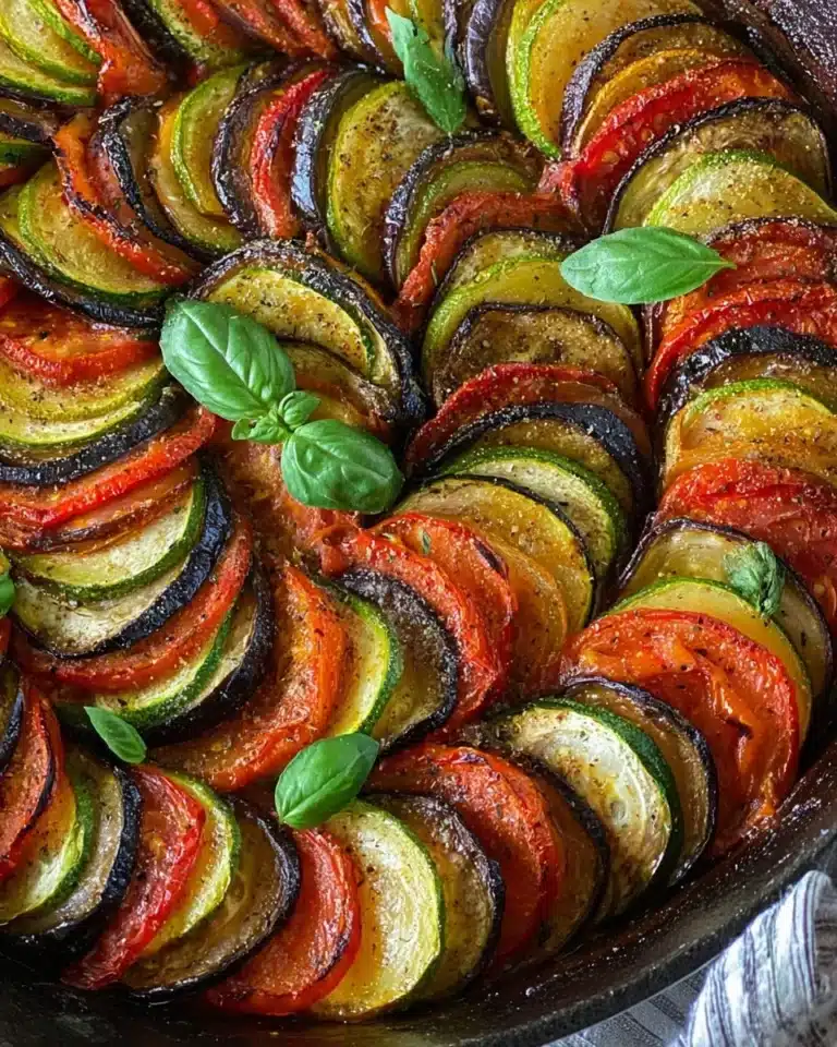 Delicious Baked Ratatouille with vibrant vegetables in a rustic dish.