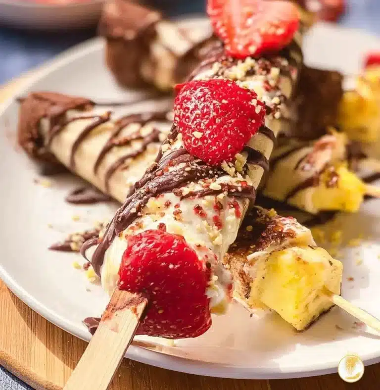 Colorful banana split kabobs with fruits and ice cream on skewers