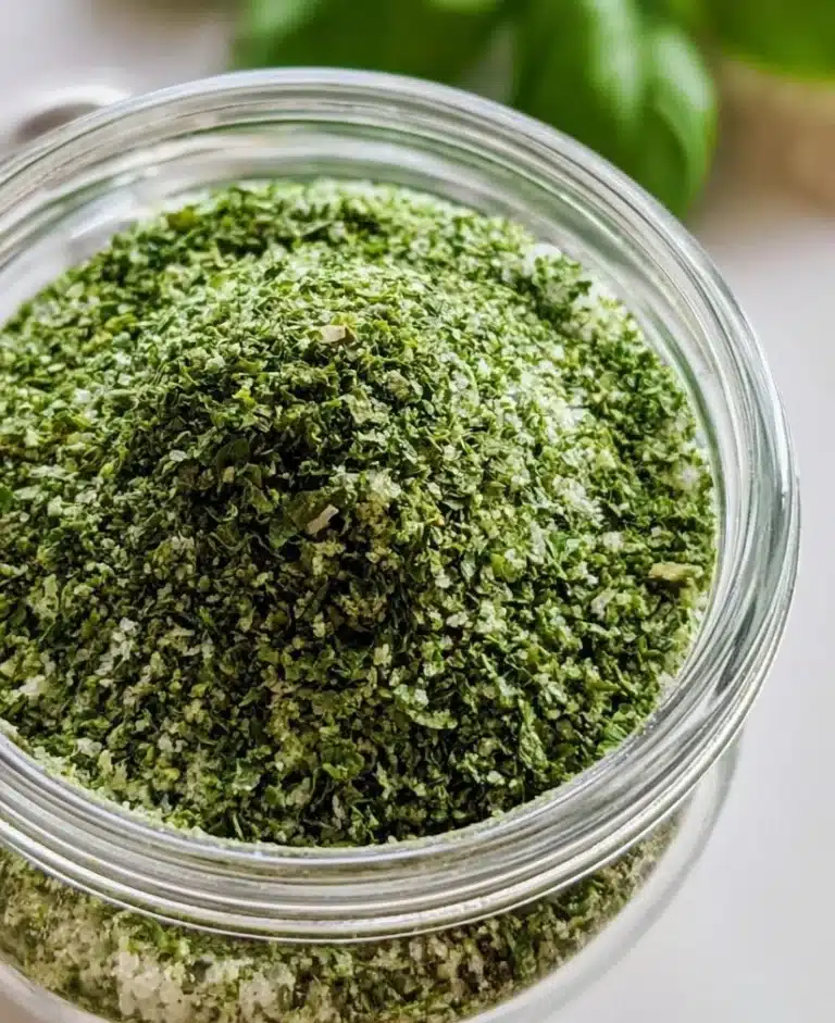 Basil salt in a small bowl with fresh basil leaves for seasoning.