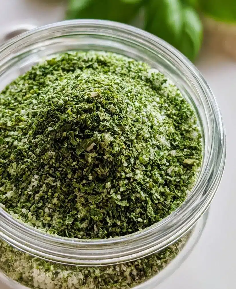 Basil salt in a small bowl with fresh basil leaves for seasoning.