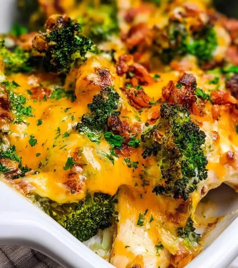 Baked Broccoli Bacon Cheddar Chicken served on a plate with herbs