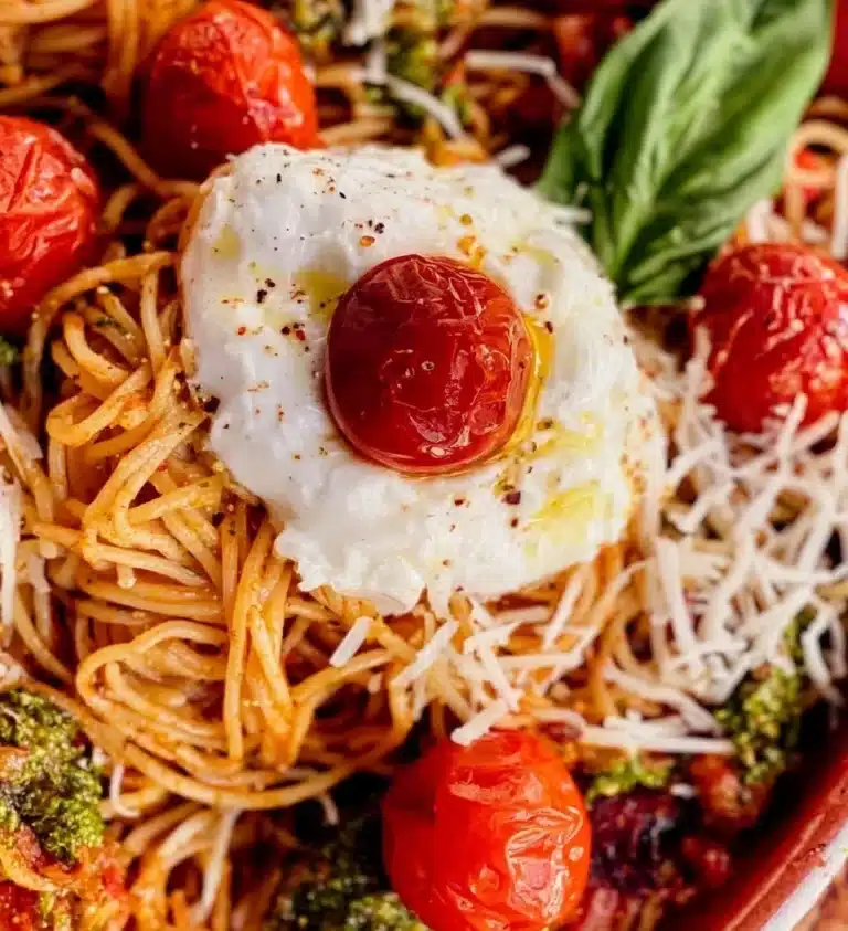 Delicious Burrata Pasta with creamy cheese and fresh herbs