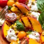 Delicious burrata peach salad with fresh ingredients and vibrant colors
