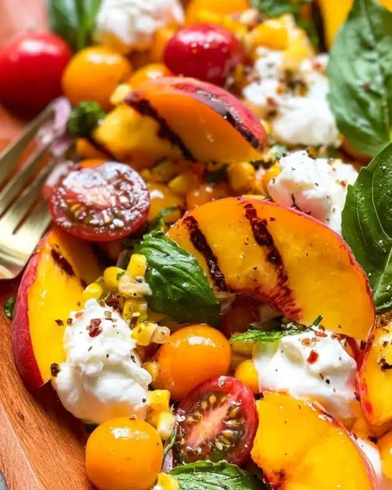 Delicious burrata peach salad with fresh ingredients and vibrant colors