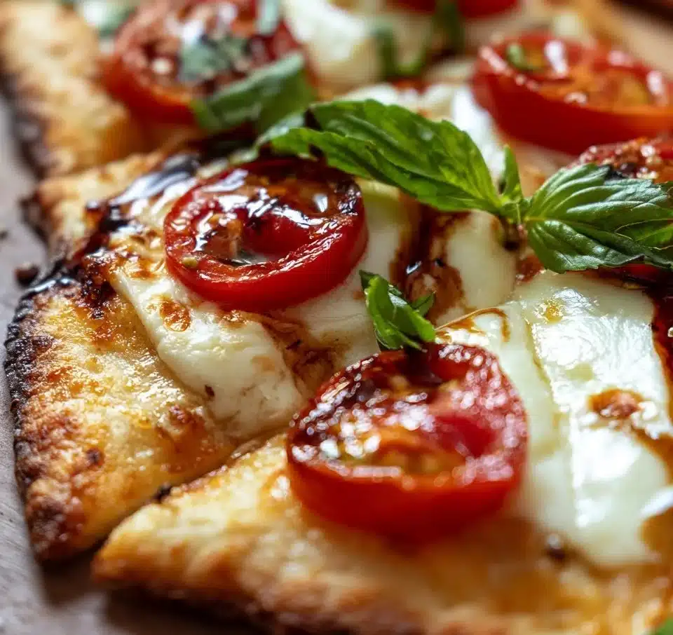 Delicious Caprese Flatbread Pizza with mozzarella, basil, and tomatoes