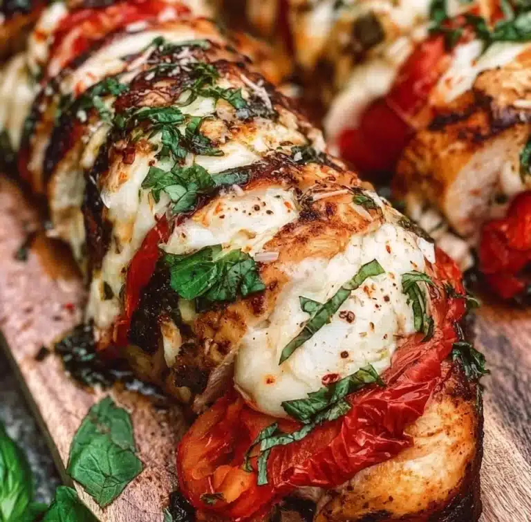 Juicy Caprese Stuffed Chicken with mozzarella, basil, and tomatoes on a plate