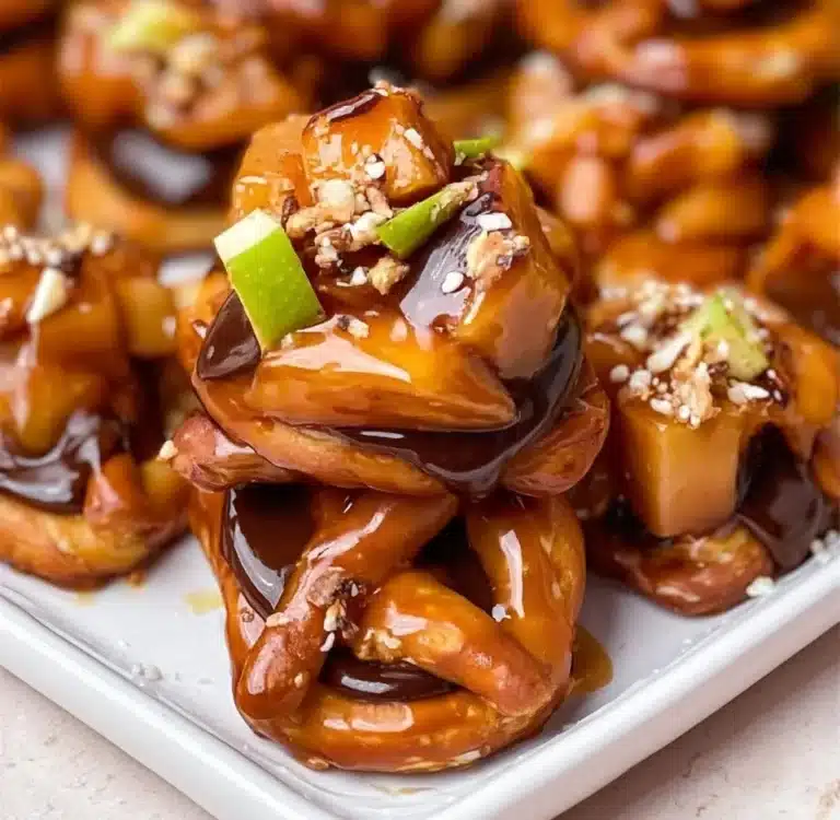 Delicious caramel apple pretzel bites drizzled with caramel and sprinkled with cinnamon.