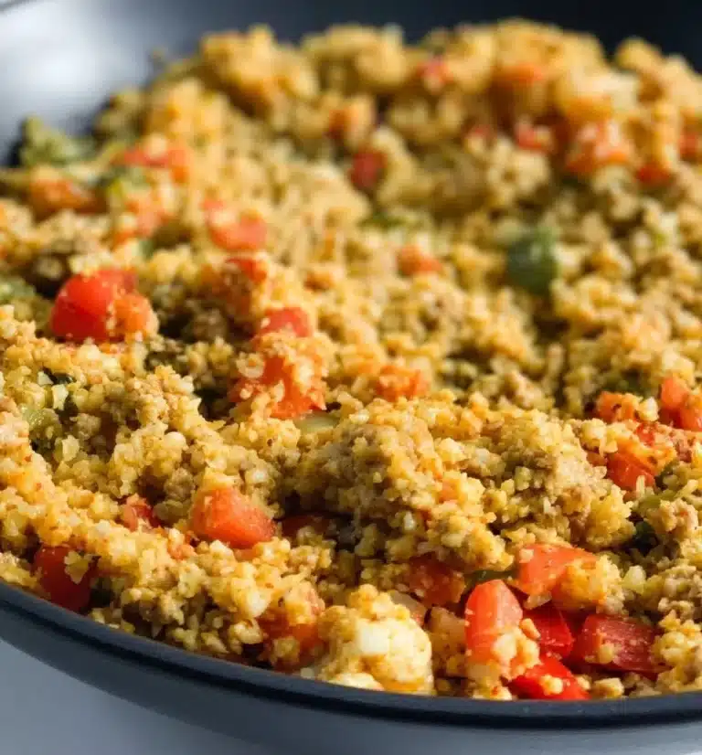 Plate of cauliflower rice with ground turkey, garnished with herbs, healthy meal