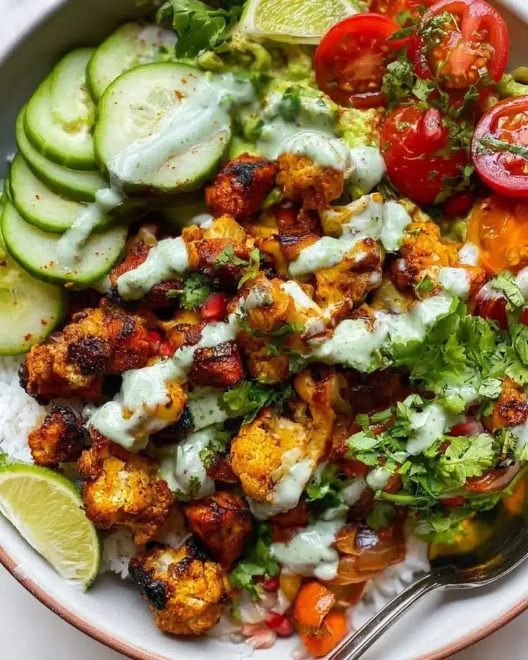 Delicious Cauliflower Shawarma Bowl topped with fresh vegetables and sauces.