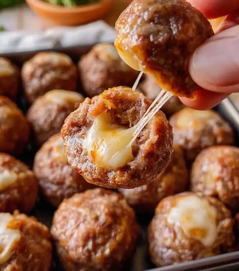 Plate of cheesy meatballs with melted cheese and marinara sauce.