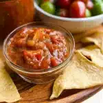 Fresh Cherry Tomato Salsa served in a bowl with tortilla chips