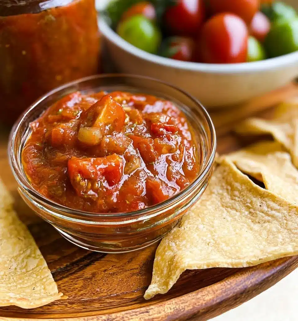 Fresh Cherry Tomato Salsa served in a bowl with tortilla chips
