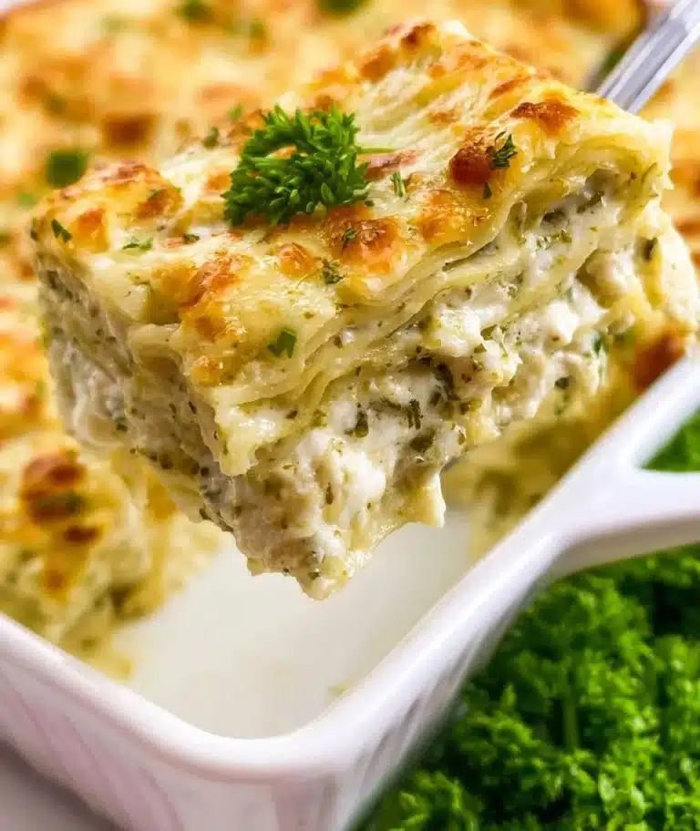 Delicious homemade Chicken Lasagna layered with cheese and savory chicken
